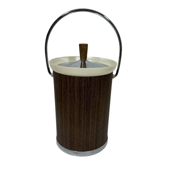 Vintage 60’s Kromex Faux Wood Ice Bucket Chest Mid Century Tiki Bar Walnut - Picture 1 of 11